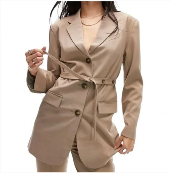 TopShop Belted Jacket Long Blazer 10 NWOT Tan Khaki Jacket Women's Academia Corp - Picture 1 of 9